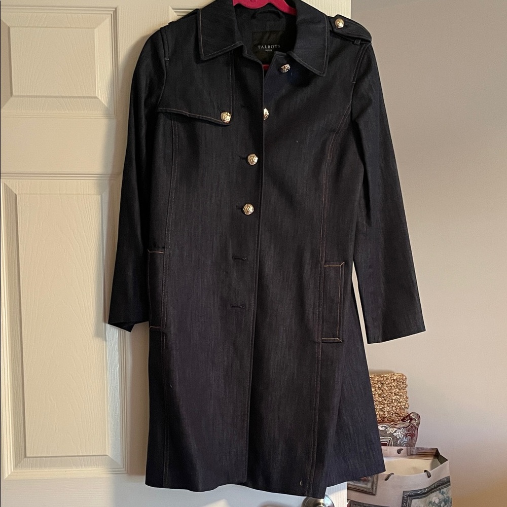 Blue denim Talbots trench coat with gold classic buttons nwot
